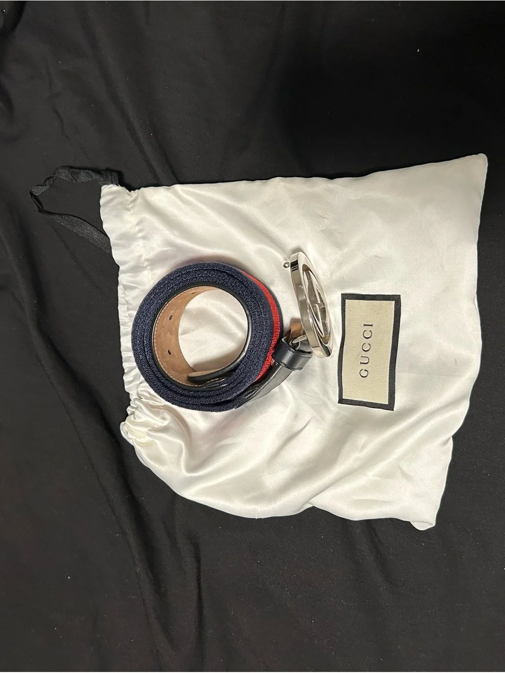 Gucci Black Leather Belt with Red and Navy Webbing and Silver Double-G Buckle
